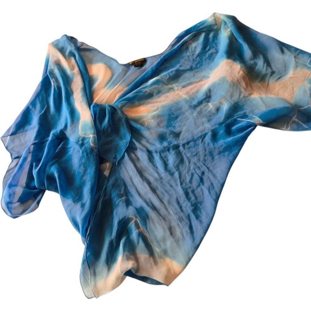 Bamboo Silks Blue White Hand Painted 100% Silk Poncho Top Sheer One Size